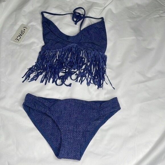 L*Space Womens Size XS Denim Fringe Bikini Set Top & Bottoms - Picture 3 of 11